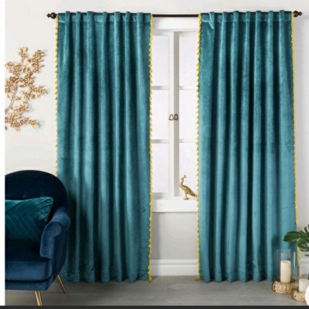 Set of 2 Opalhouse Teal Velvet Curtains with Tassels, Light Filtering, 84 x 54